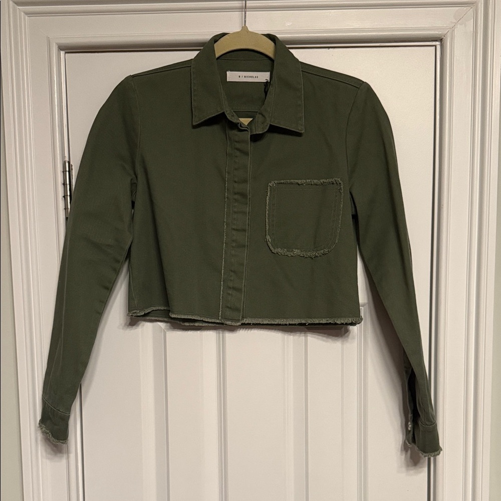 Nicholas Army Green Cotton Drill Crop Boxy Shirt - Size 6